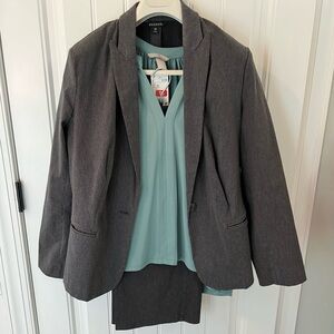 Walmart suit coordinates jacket with skirt and H&M blouse bundle.
